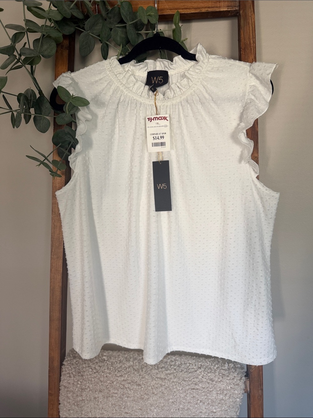 W5 White Swiss Dot Ruffle Cap Sleeve Blouse